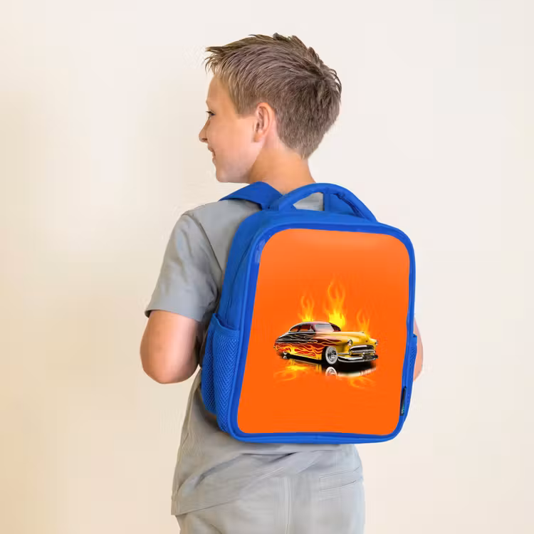 Kinderrugzak - Blauw - Gele auto met gele vlammen — 3