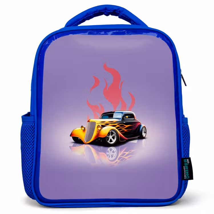 Kinderrugzak - Blauw - Gele auto met roze vlammen — 1