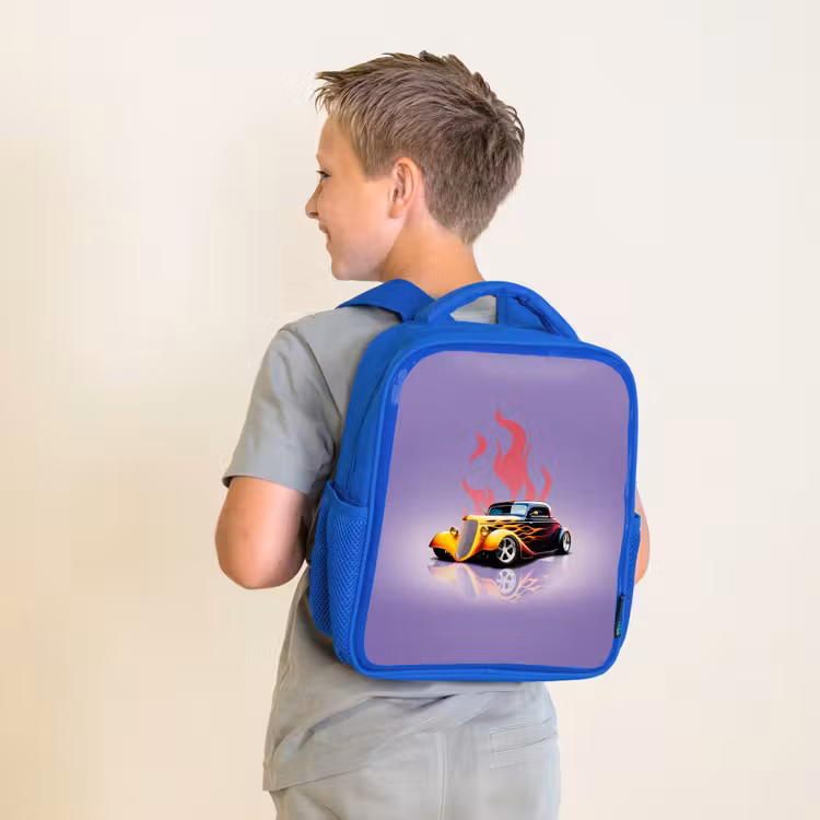 Kinderrugzak - Blauw - Gele auto met roze vlammen — 3