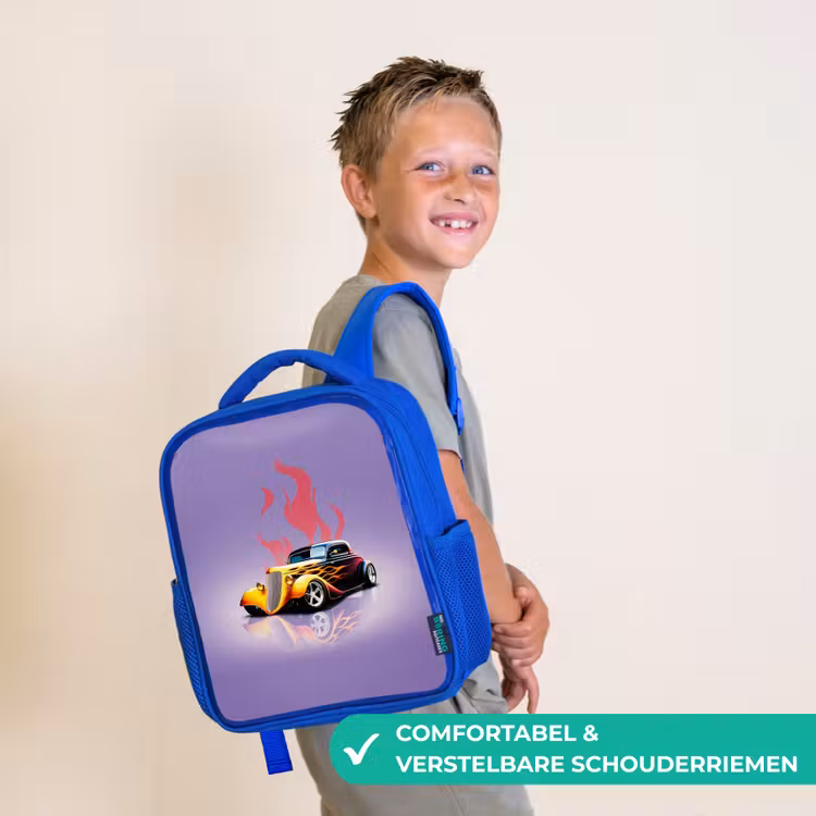 Kinderrugzak - Blauw - Gele auto met roze vlammen — 4