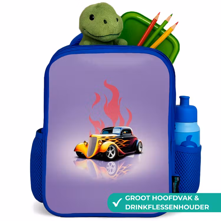 Kinderrugzak - Blauw - Gele auto met roze vlammen — 6