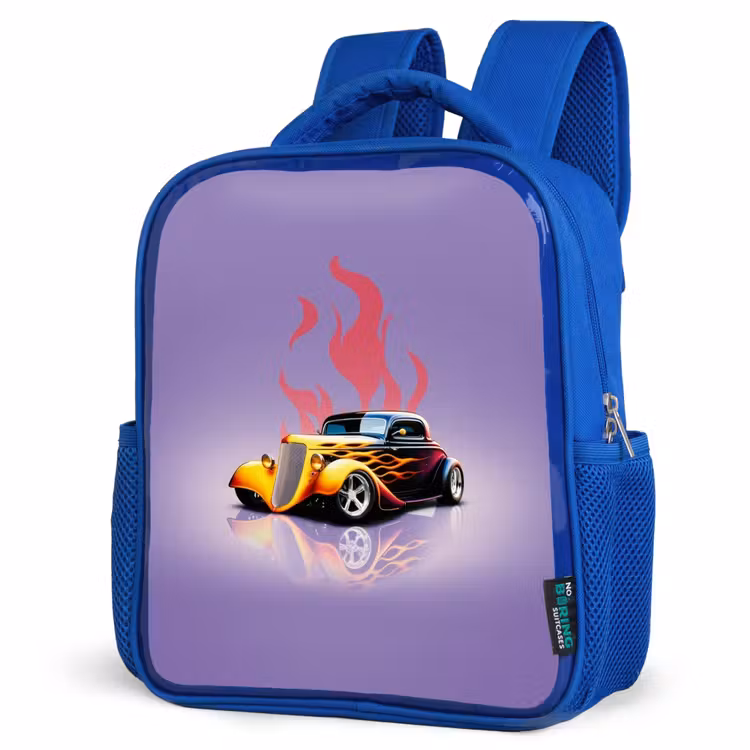 Kinderrugzak - Blauw - Gele auto met roze vlammen — 7