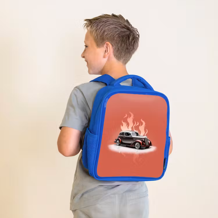 Kinderrugzak - Blauw - Grijze auto met roze vlammen — 3