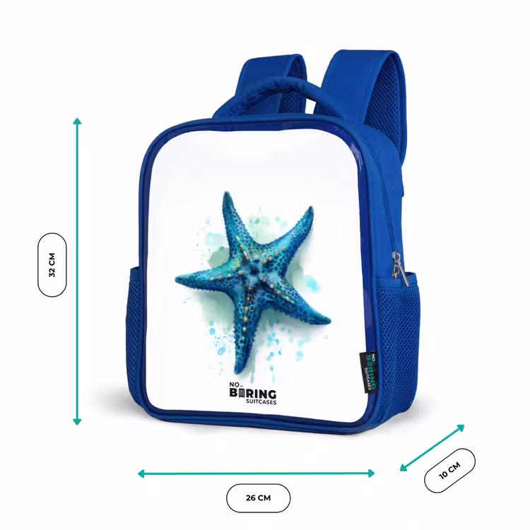 Kinderrugzak met naam - Blauw - Blauwe Zeester op Witte Achtergrond — 5