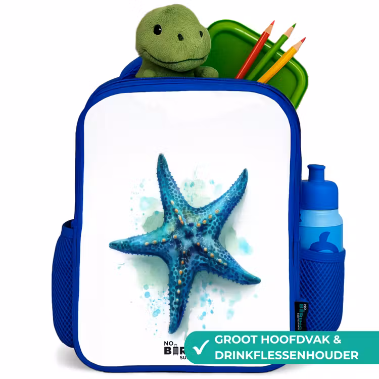 Kinderrugzak met naam - Blauw - Blauwe Zeester op Witte Achtergrond — 6