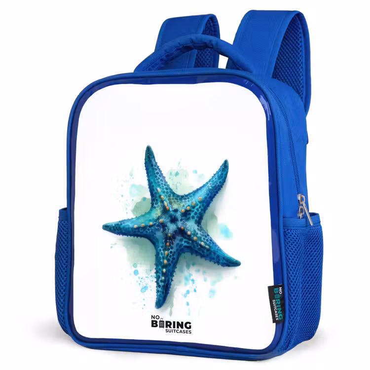Kinderrugzak met naam - Blauw - Blauwe Zeester op Witte Achtergrond — 7