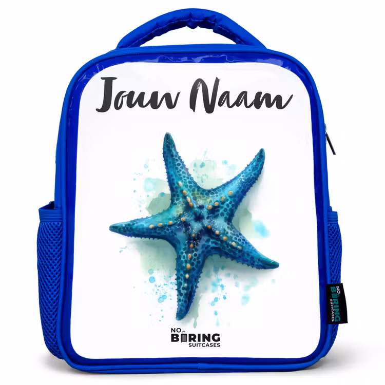 Kinderrugzak met naam - Blauw - Blauwe Zeester op Witte Achtergrond — 1