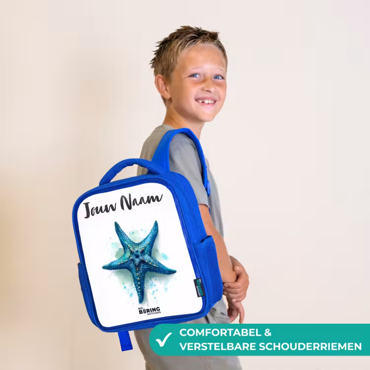 Kinderrugzak met naam - Blauw - Blauwe Zeester op Witte Achtergrond — 4