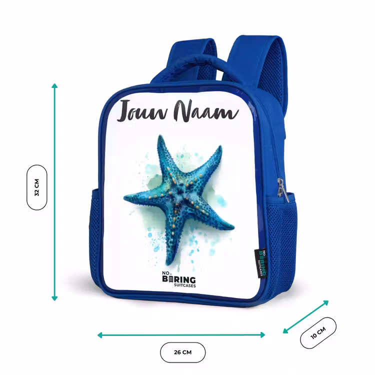 Kinderrugzak met naam - Blauw - Blauwe Zeester op Witte Achtergrond — 5