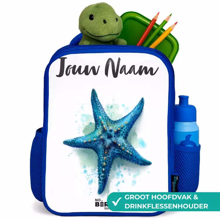 Kinderrugzak met naam - Blauw - Blauwe Zeester op Witte Achtergrond — 6