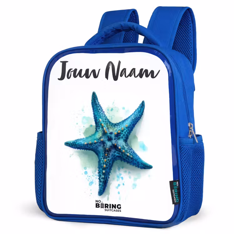 Kinderrugzak met naam - Blauw - Blauwe Zeester op Witte Achtergrond — 7