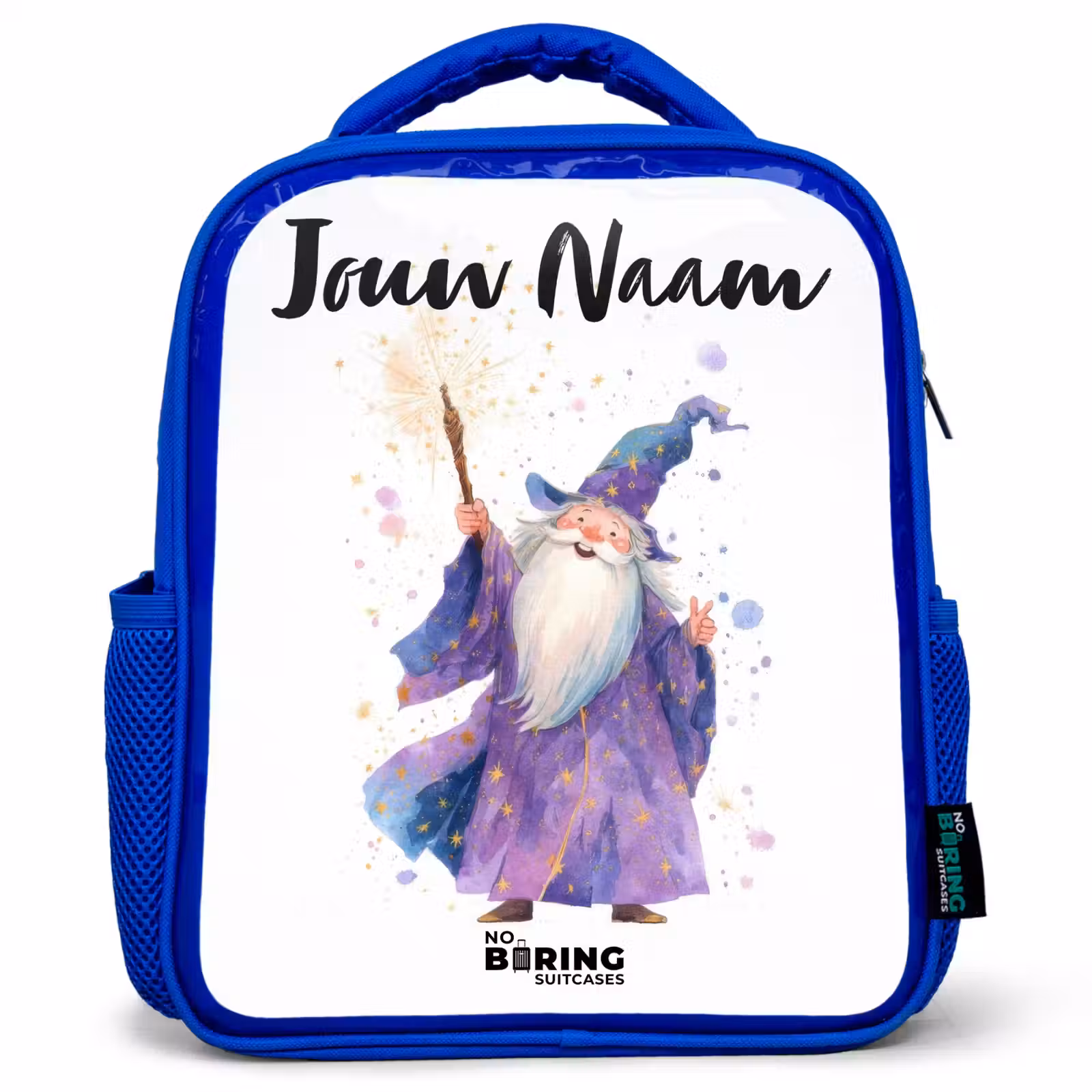 Kinderrugzak met naam - Blauw - Oude tovenaar met staf — 1