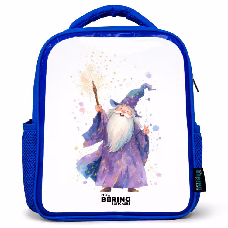 Kinderrugzak met naam - Blauw - Oude tovenaar met staf — 1
