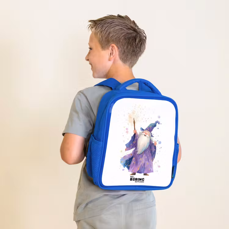 Kinderrugzak met naam - Blauw - Oude tovenaar met staf — 3