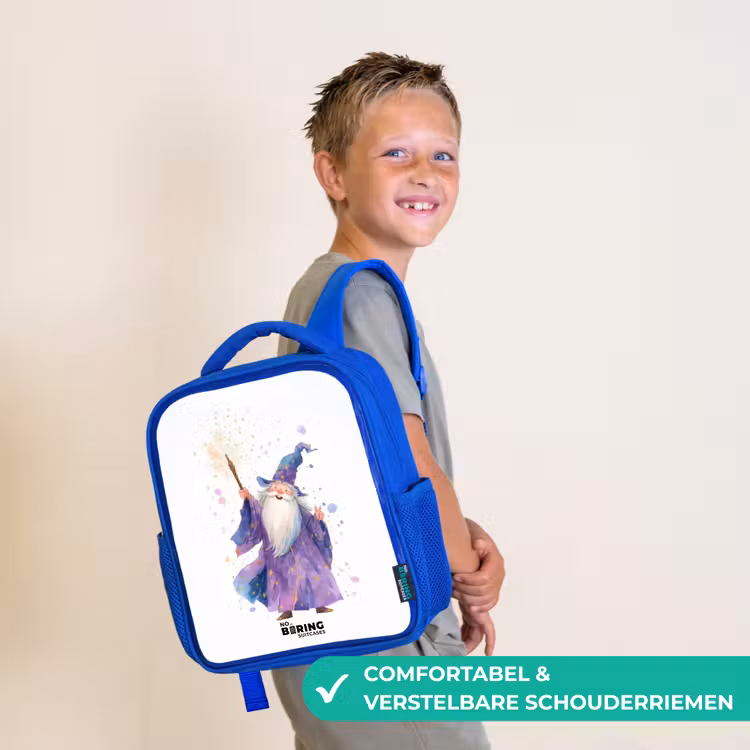 Kinderrugzak met naam - Blauw - Oude tovenaar met staf — 4