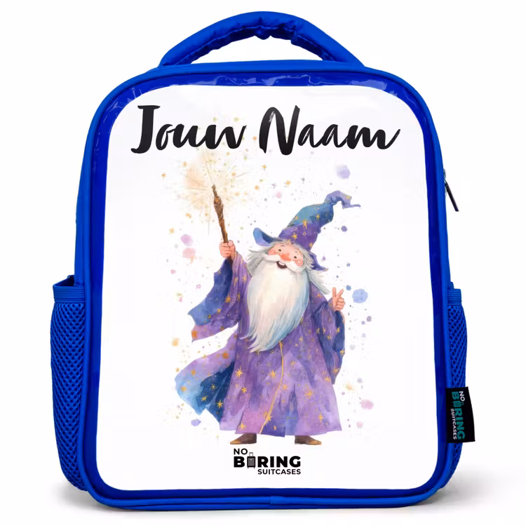 Kinderrugzak met naam - Blauw - Oude tovenaar met staf — 1