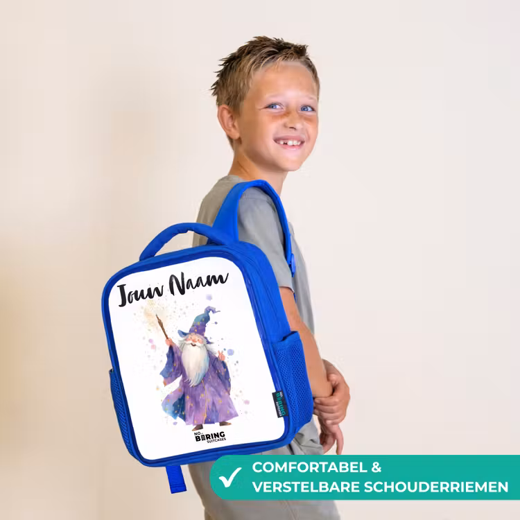 Kinderrugzak met naam - Blauw - Oude tovenaar met staf — 4