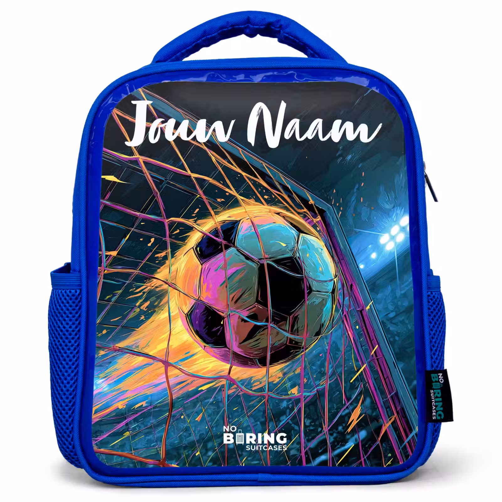 Kinderrugzak met naam - Blauw - Neon - Net - Voetbal - Kleurrijk — 1