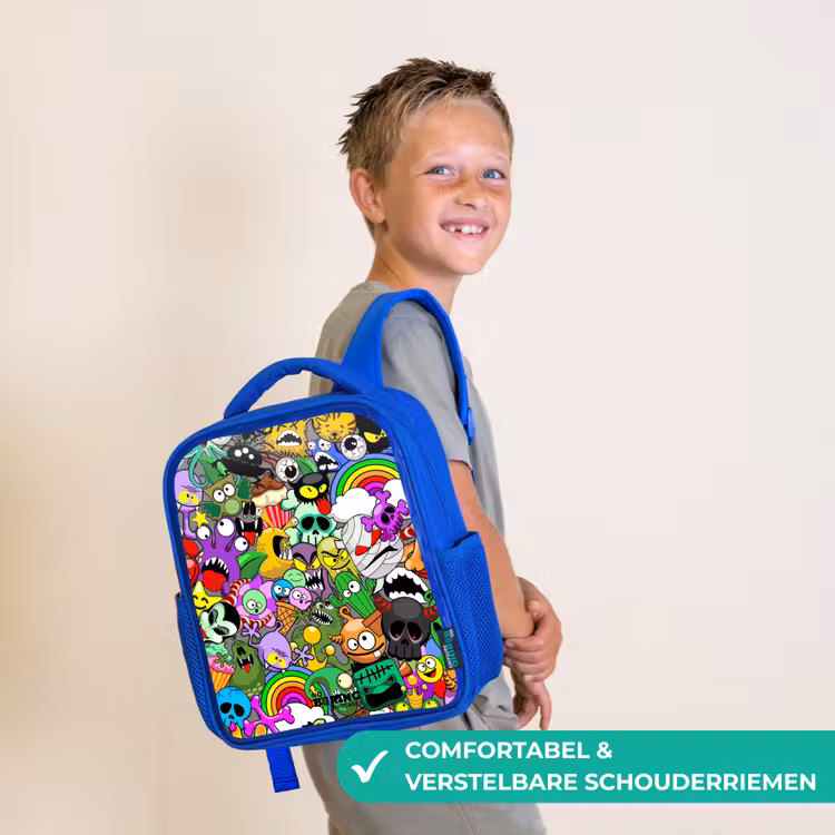 Kinderrugzak - Blauw - Chaotisch kleurrijk monster patroon — 4