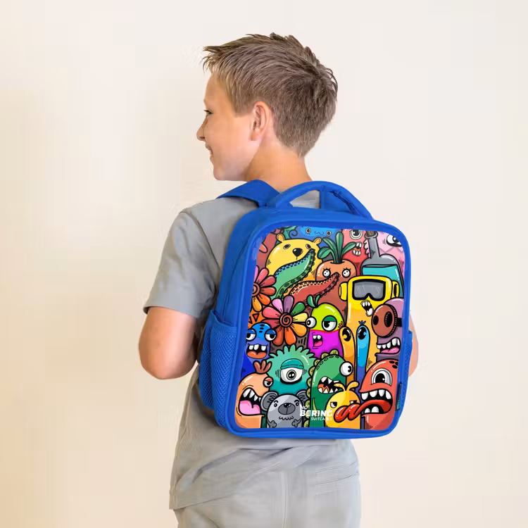 Kinderrugzak - Blauw - Expressief en druk patroon met monsters — 3