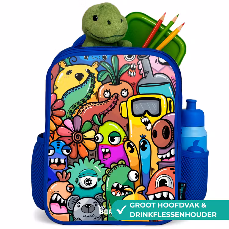 Kinderrugzak - Blauw - Expressief en druk patroon met monsters — 6