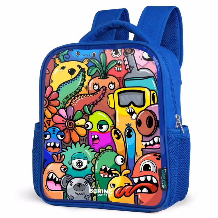 Kinderrugzak - Blauw - Expressief en druk patroon met monsters — 7