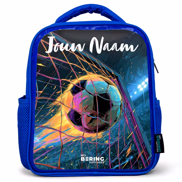Kinderrugzak met naam - Blauw - Neon - Net - Voetbal - Kleurrijk — 1