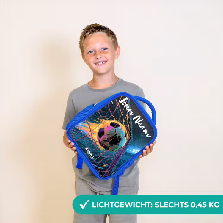 Kinderrugzak met naam - Blauw - Neon - Net - Voetbal - Kleurrijk — 2