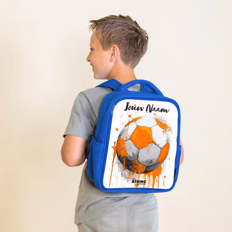 Kinderrugzak met naam - Blauw - Voetbalvibes - Verf - Oranje — 3
