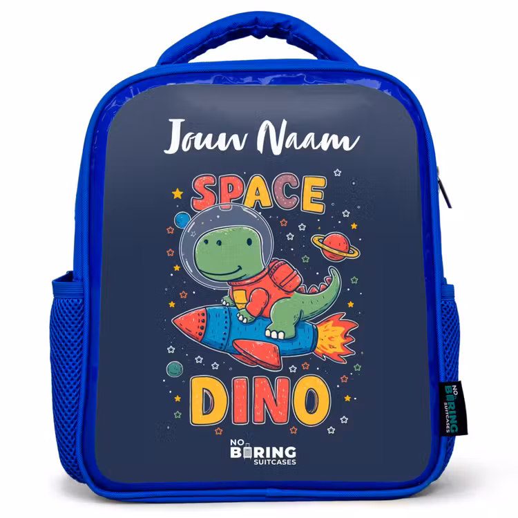Kinderrugzak met naam - Blauw - Dinosaurus - Groen - Raket - Sterrenhemel — 1