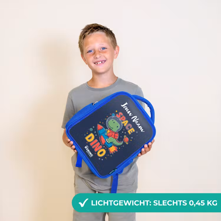 Kinderrugzak met naam - Blauw - Dinosaurus - Groen - Raket - Sterrenhemel — 2