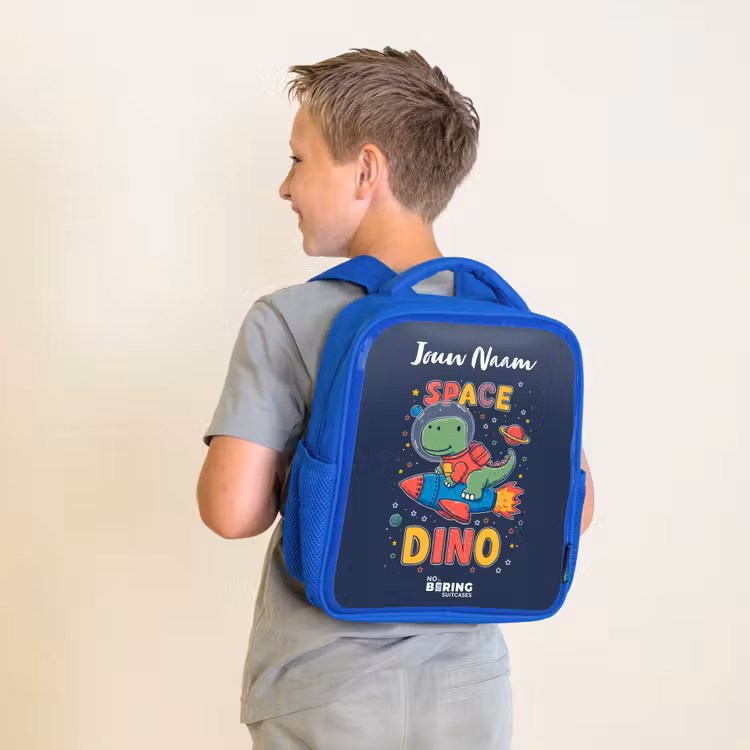 Kinderrugzak met naam - Blauw - Dinosaurus - Groen - Raket - Sterrenhemel — 3
