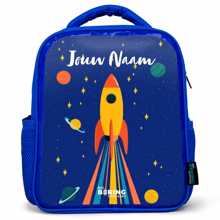 Kinderrugzak met naam - Blauw - Raket - Sterren - Planeet - Ruimte — 1