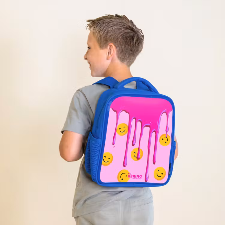 Kinderrugzak met naam - Blauw - Verf - Smiley - Roze — 3