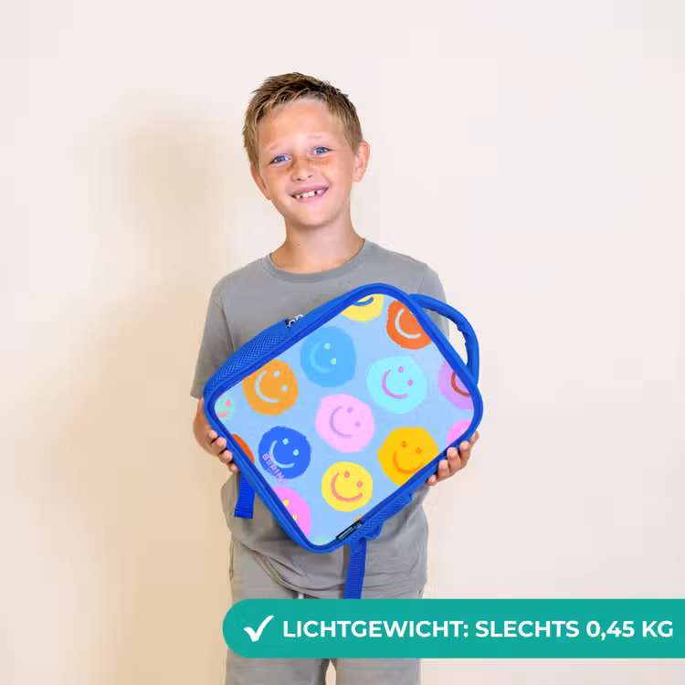 Kinderrugzak met naam - Blauw - Vrolijk patroon van smileys — 2