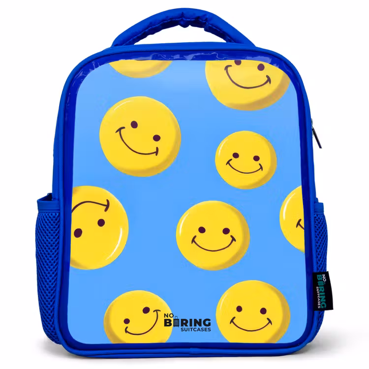 Kinderrugzak met naam - Blauw - Vrolijke smileyregen β 1