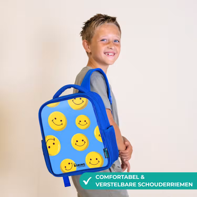Kinderrugzak met naam - Blauw - Vrolijke smileyregen β 4
