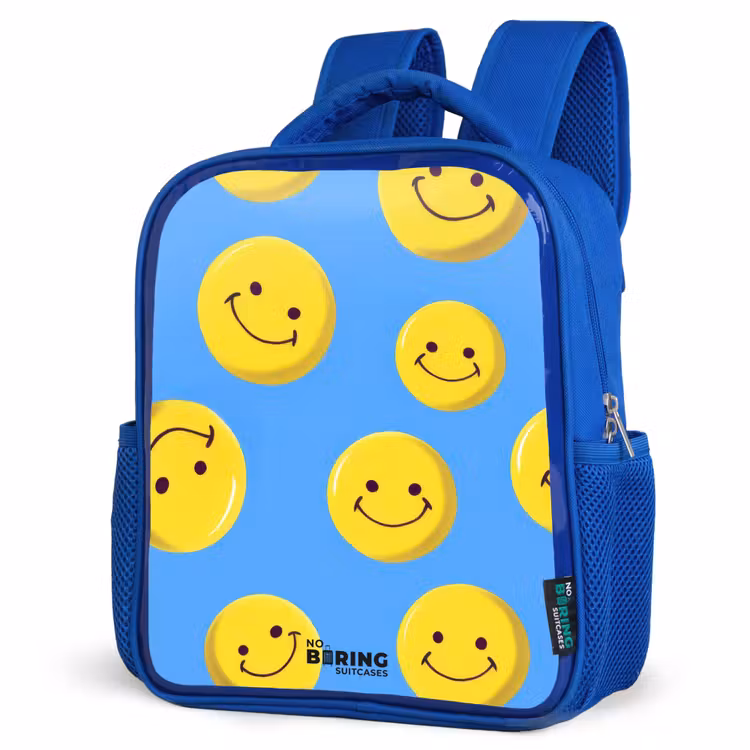 Kinderrugzak met naam - Blauw - Vrolijke smileyregen β 7