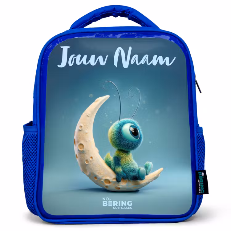 Kinderrugzak met naam - Blauw - Dromerig Wezentje op de Maan — 1