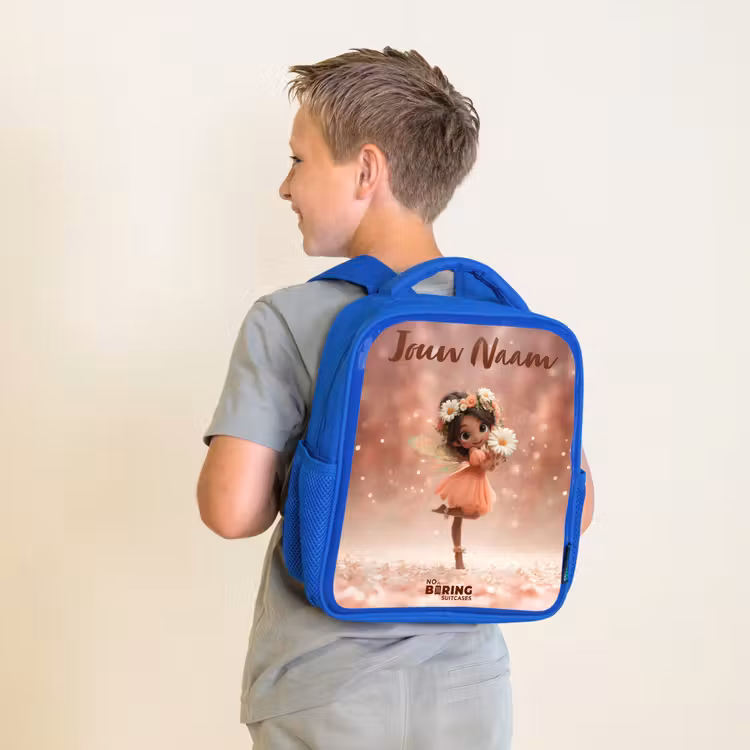 Kinderrugzak met naam - Blauw - Fee met madeliefjes β 3
