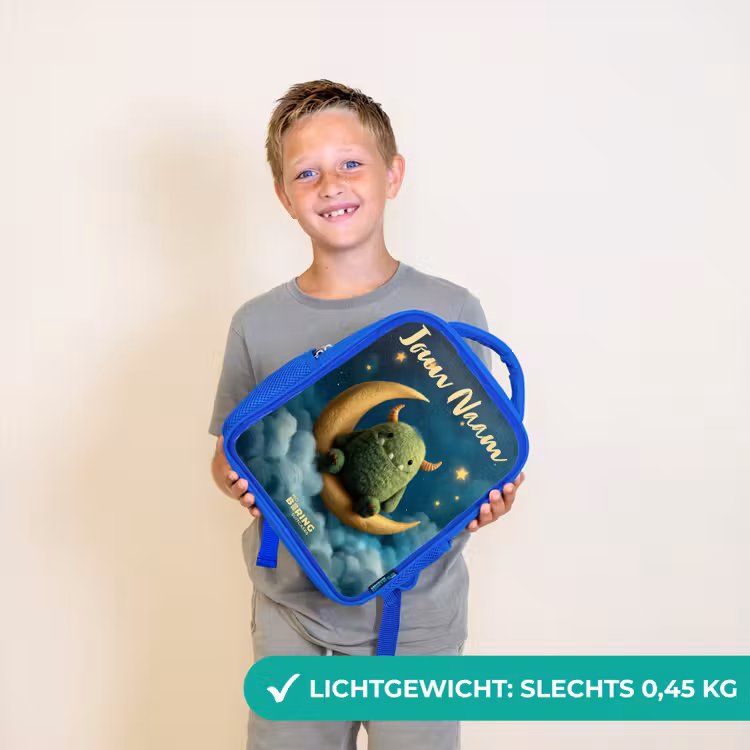 Kinderrugzak met naam - Blauw - Groen monster op maansikkel — 2