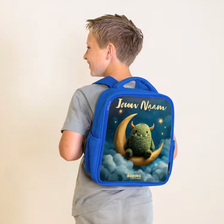 Kinderrugzak met naam - Blauw - Groen monster op maansikkel — 3