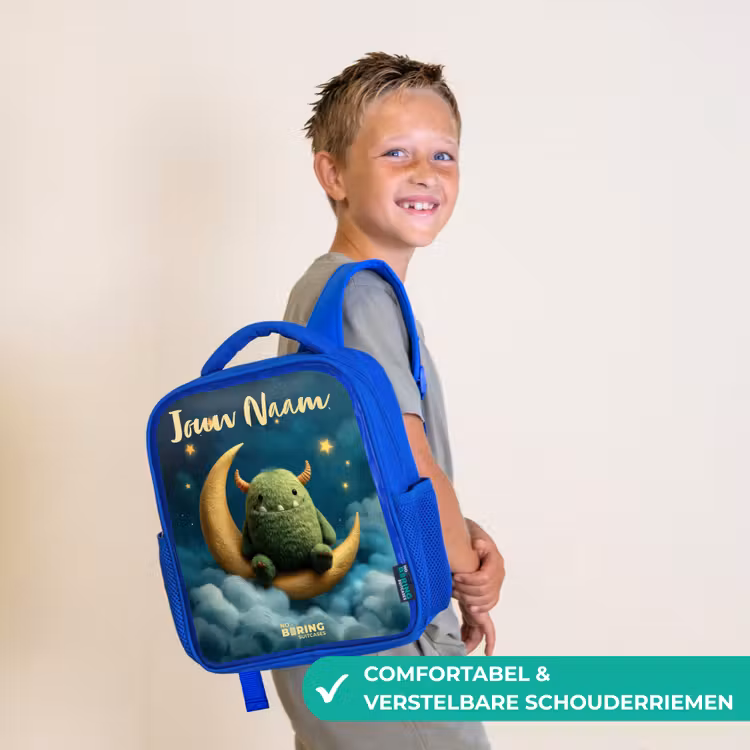 Kinderrugzak met naam - Blauw - Groen monster op maansikkel — 4