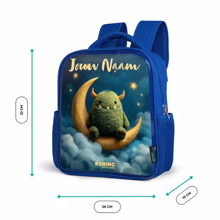 Kinderrugzak met naam - Blauw - Groen monster op maansikkel — 5