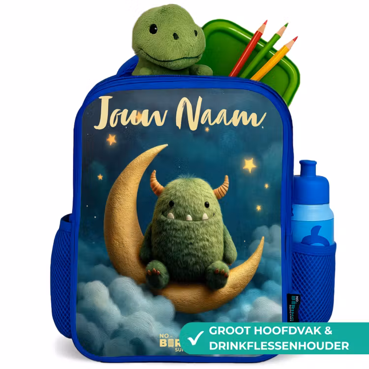 Kinderrugzak met naam - Blauw - Groen monster op maansikkel — 6