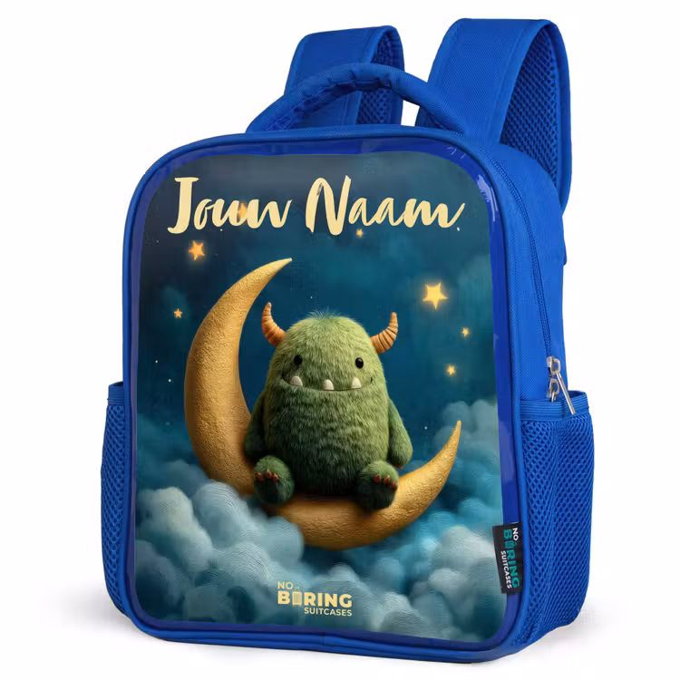 Kinderrugzak met naam - Blauw - Groen monster op maansikkel — 7