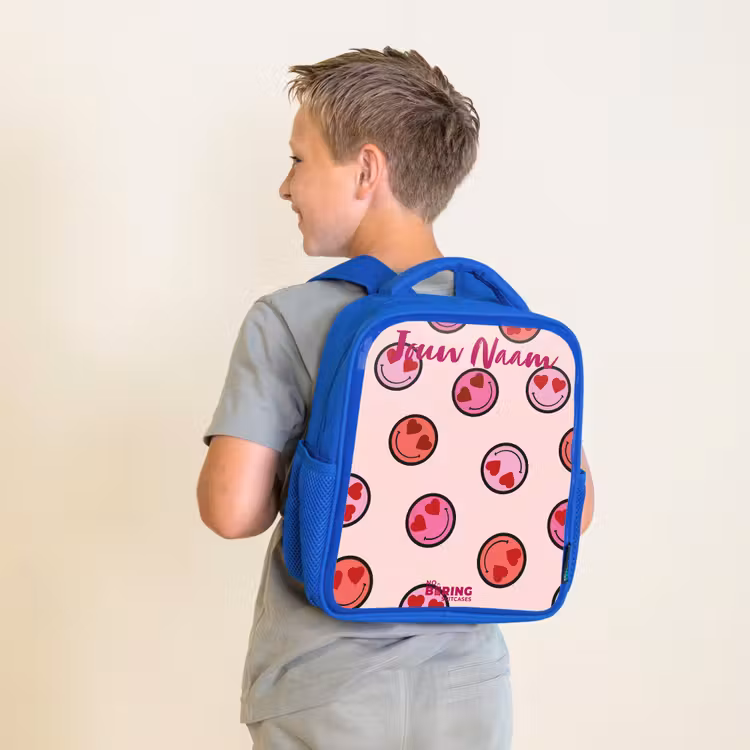 Kinderrugzak met naam - Blauw - Hartje - Smiley - Patroon — 3
