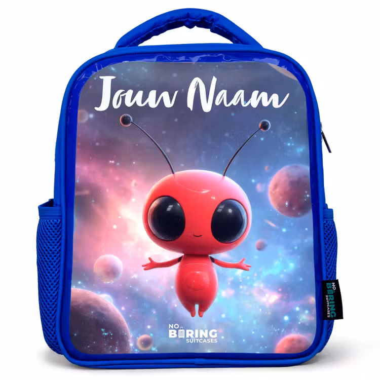 Kinderrugzak met naam - Blauw - Rood Ruimtewezen in Kosmische Dans — 1
