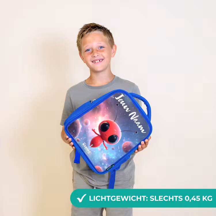 Kinderrugzak met naam - Blauw - Rood Ruimtewezen in Kosmische Dans — 2
