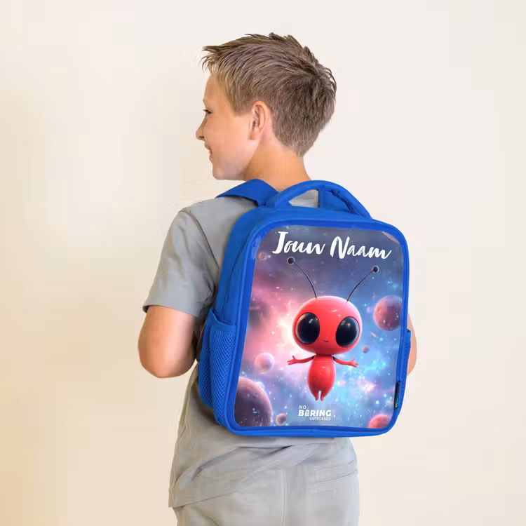 Kinderrugzak met naam - Blauw - Rood Ruimtewezen in Kosmische Dans — 3
